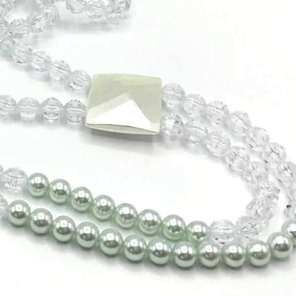 Vintage 27" Necklace Two Strands Clear And Mint Green Beads